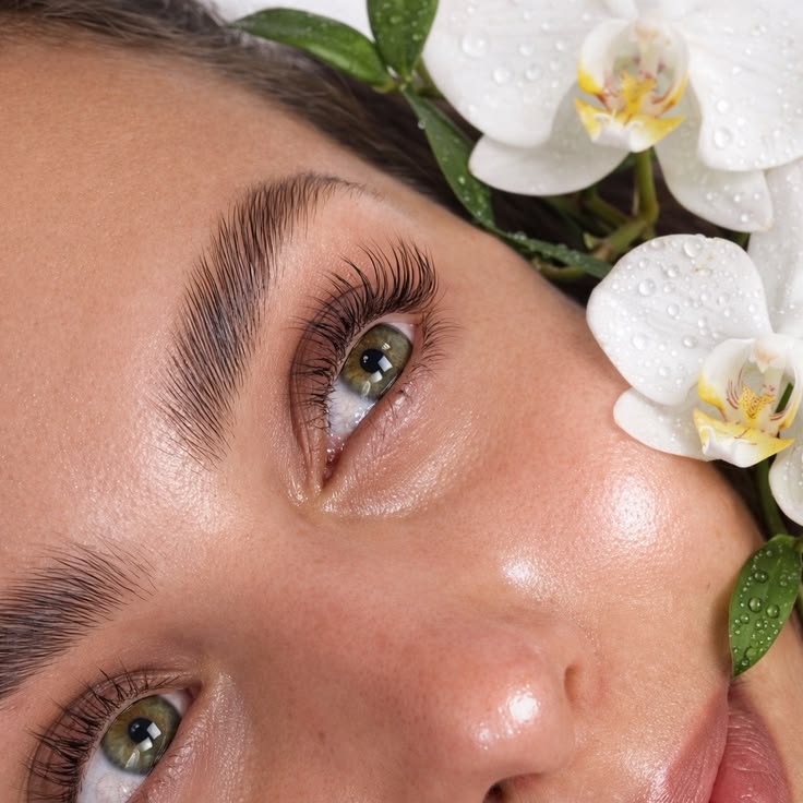 Bio Lash & Cosmetics: close-up van volle, gekrulde wimpers met witte orchideeën